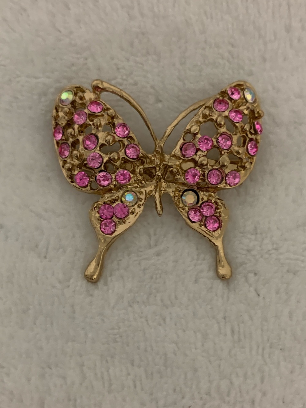 Gold Butterfly Brooch with Pink Crystals